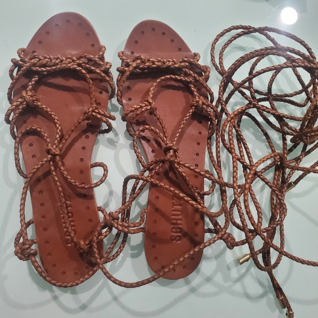 Schutz Kathleen Bark Brown Flat Gladiator Braided Leather Tie Up Sandals 7